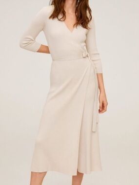 Mango Cream Ribbed Long Sleeve Midi Wrap Dress